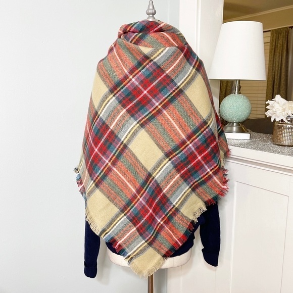 Tartan Plaid Red Tan & Green Oversized Square Blanket Scarf - Picture 7 of 10